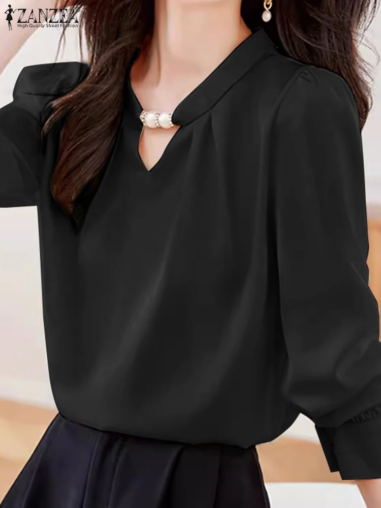 

ZANZEA Women Elegant Blouse 2024 Fashion Long Sleeve Shirts Beading Hollow Out Office Elegant Casual Tops Solid Satin Blusas