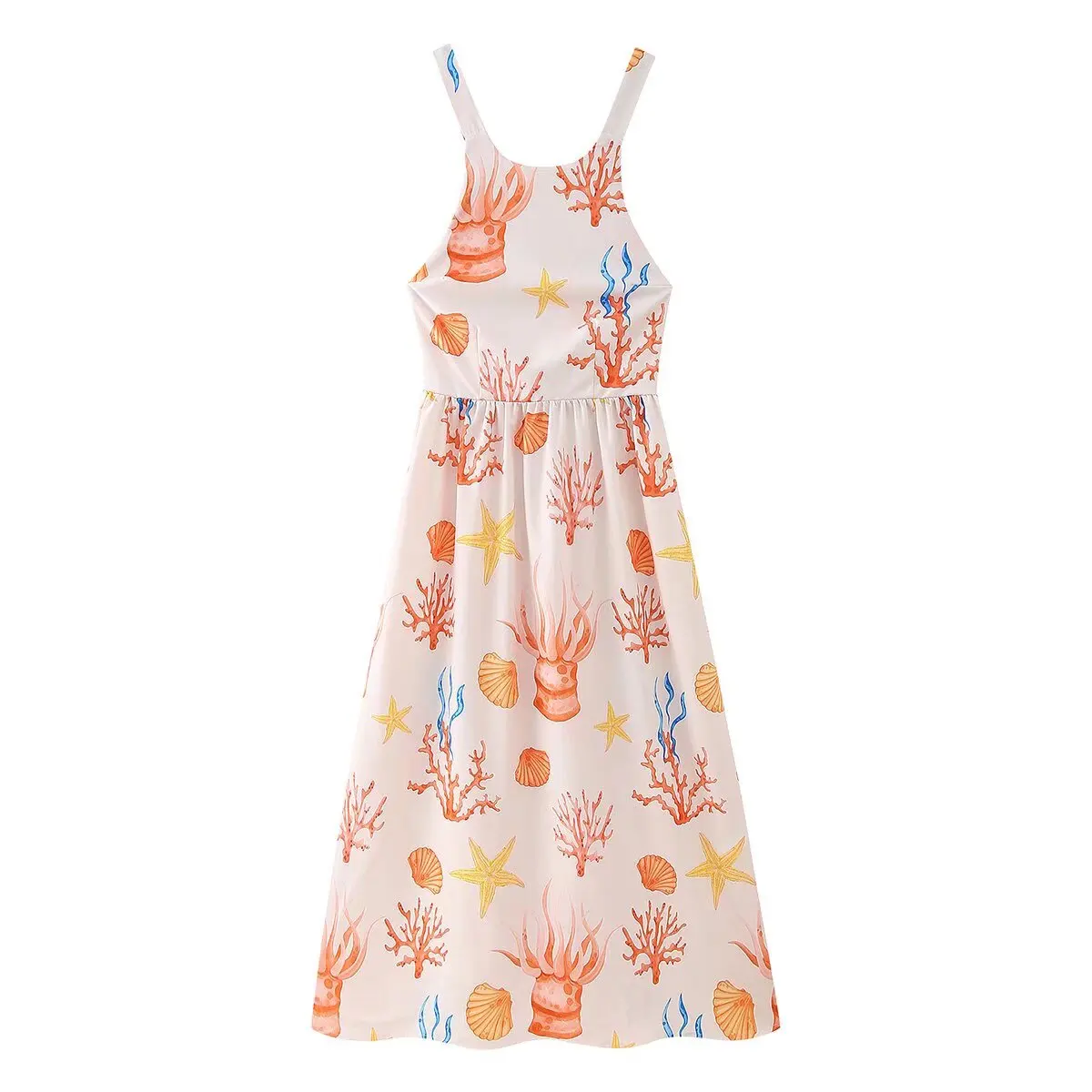 

Women 2023 New Chic Fashion Print Slim draped Pleated Midi Dress Vintage Backless Cross Wide Straps Female Dresses robe Mujer
