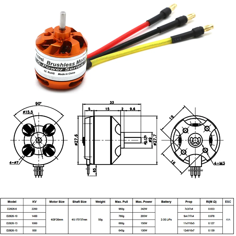 Dys – Moteur Sans Balais D2826 930kv, 1000kv, 1400kv, 2200kv, Pour