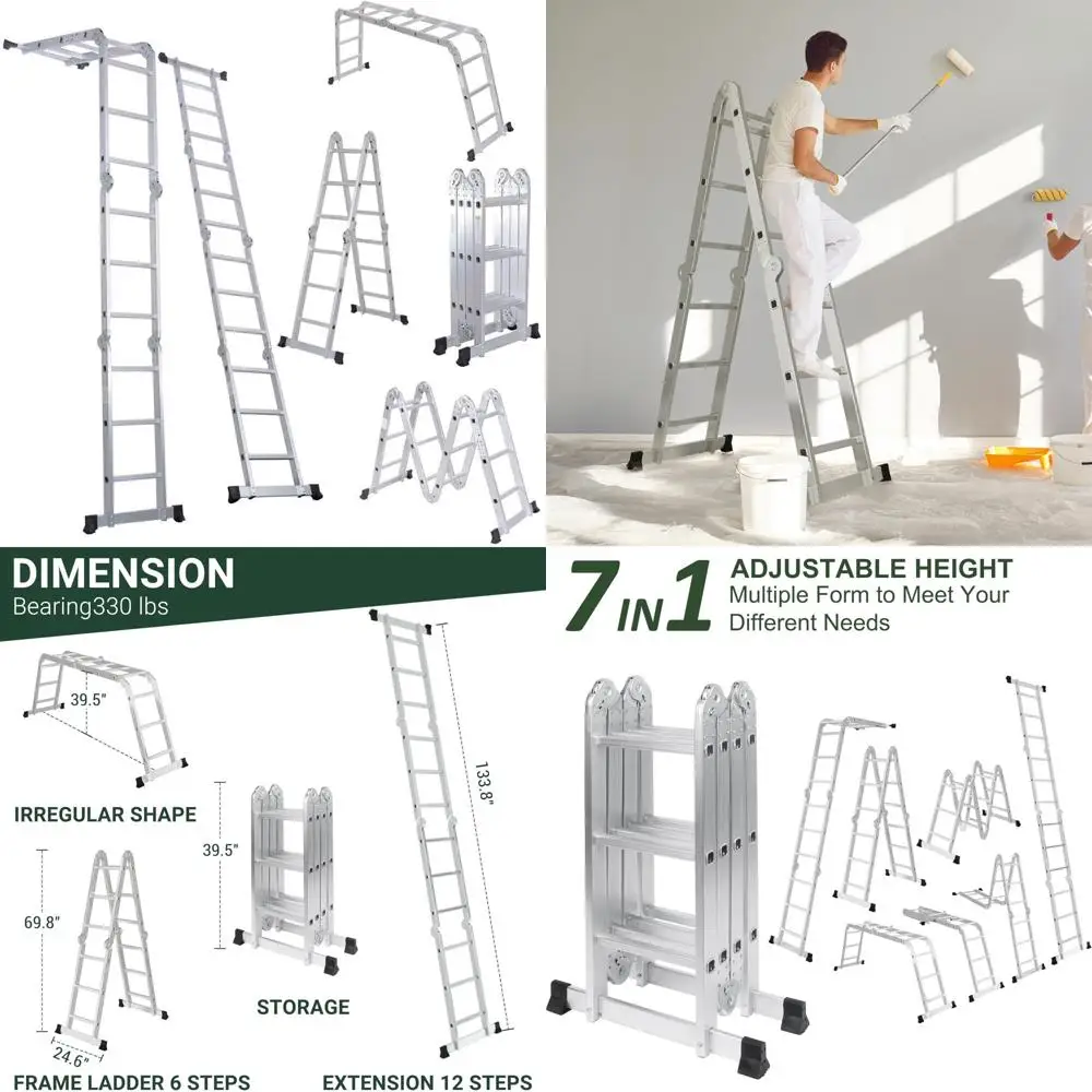 Aluminum 7-in-1 Folding Step Ladder, 330lb Capacity, 12.5ft Multi-Purpose Lightweight Extension Scaffold Ladder for Home and Wor