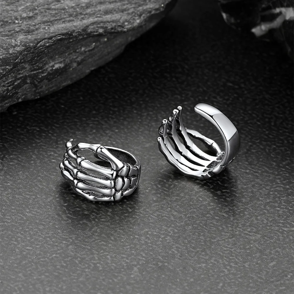 U7 925 Sterling Silver Skeleton Hand Ear Cuff Non Piercing Earrings Hollloween Punk Gothic Anitique Silver Unisex Jewelry Gift