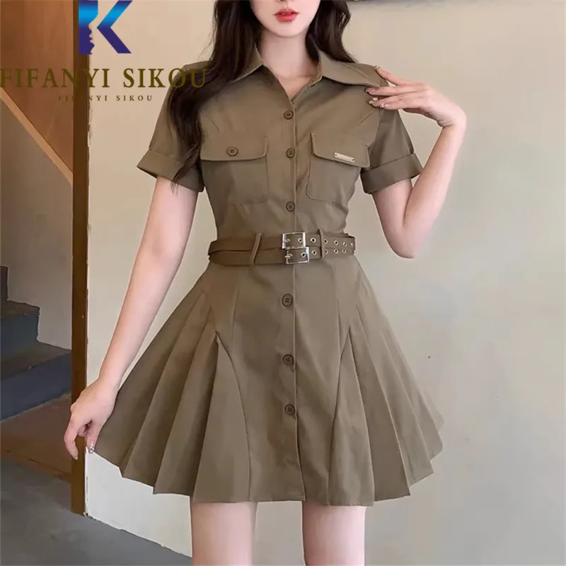 

Женское однобортное платье с поясом, свободное короткое платье большого размера с отложным воротником и коротким рукавом, с высокой талией, лето 2023