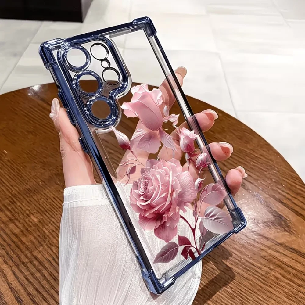 Elegant Pink Rose Floral Shockproof Phone Case - Clear Protective Cover