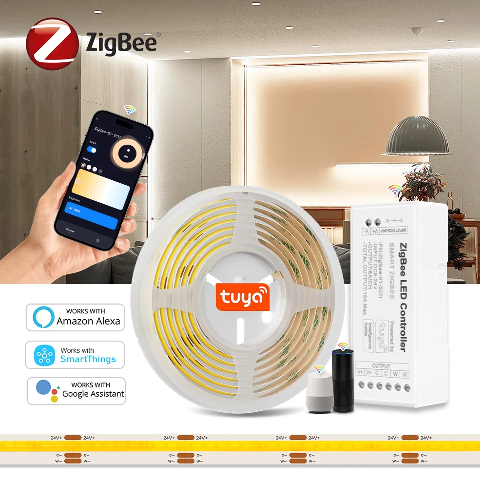 

Tuya Zigbee DC 24V CCT COB LED Strip Lights Kit 2700-6500K Dimmable 5M Works With Alexa Google SmartThings For Cabinet Ceiling