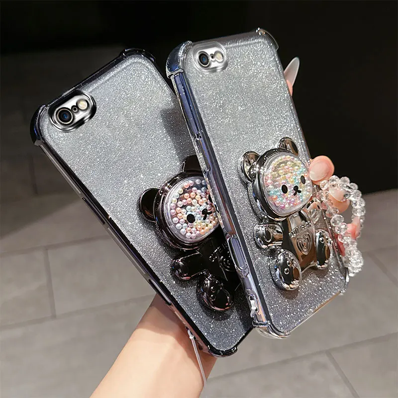 Shockproof Phone Case with 3D Bear Stand and Glitter Crystal Chain Lanyard