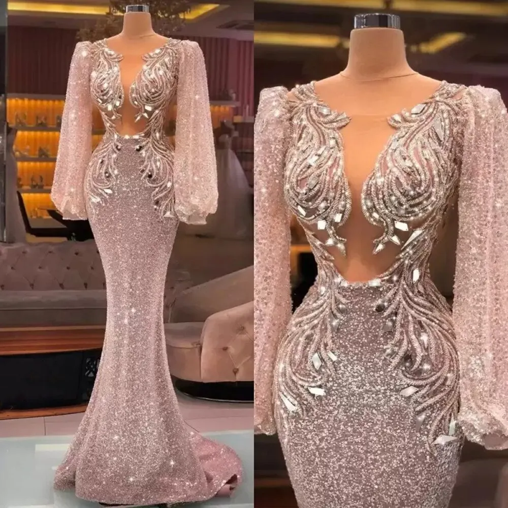 

Dusty Pink Sparkly Evening Dress Women Long Sleeve O-Neck Crystal Ruffle Sequined A-Line Floor Length Elegant Vestidos De Noche