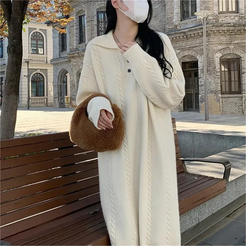 

Lazy Wind Knit Dress Turn Down Collar Knitted Sweater Long Sleeve Loose Dress Elegant Autumn Winter Temperament Pullover Dress