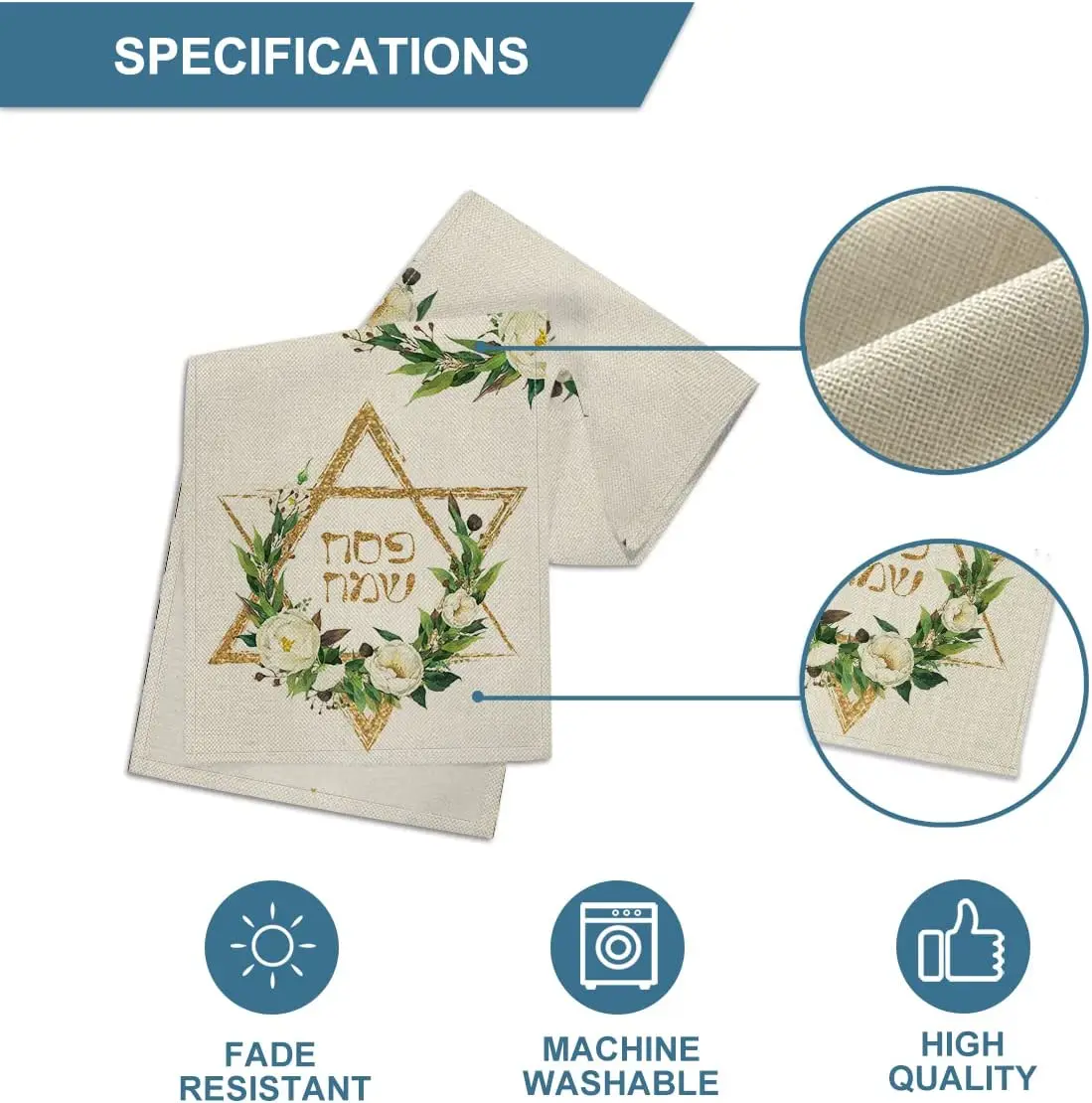 Spring Hexagram Flowers Passover Linen Table Runner Party Decoration Washable Dining   for Kitchen  Decor 5
