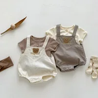 2023 New In Summer Newborn Baby Girls Boys Short Sleeve Solid Color Top T-shirts +cartoon Bear Bodysuits Kid Infant Clothing Set 2