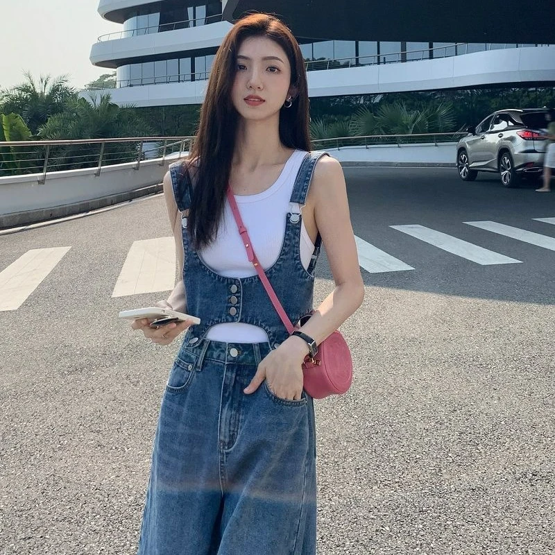 Detachable Denim Strap Pants for Women's 2023 New Design Sense Niche Loose Jumpsuit Wide Leg Pants