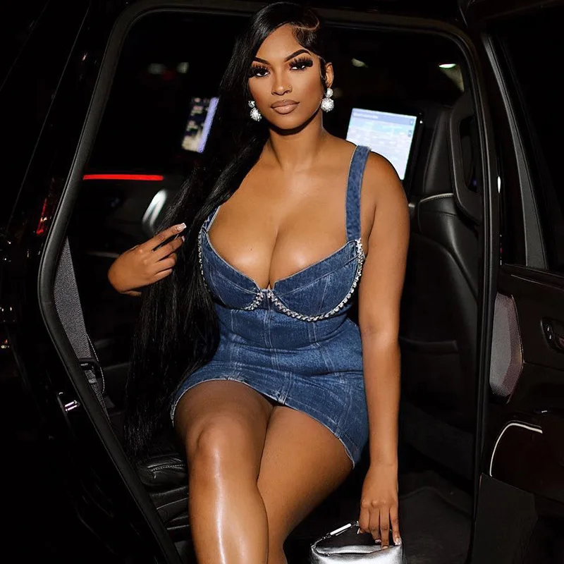 

Demin Blue Corset Dress 2024 Women Sexy Summer Rhinestone Back Zipper Club Night Party Mini Dresses Bodycon Strap Vestidos