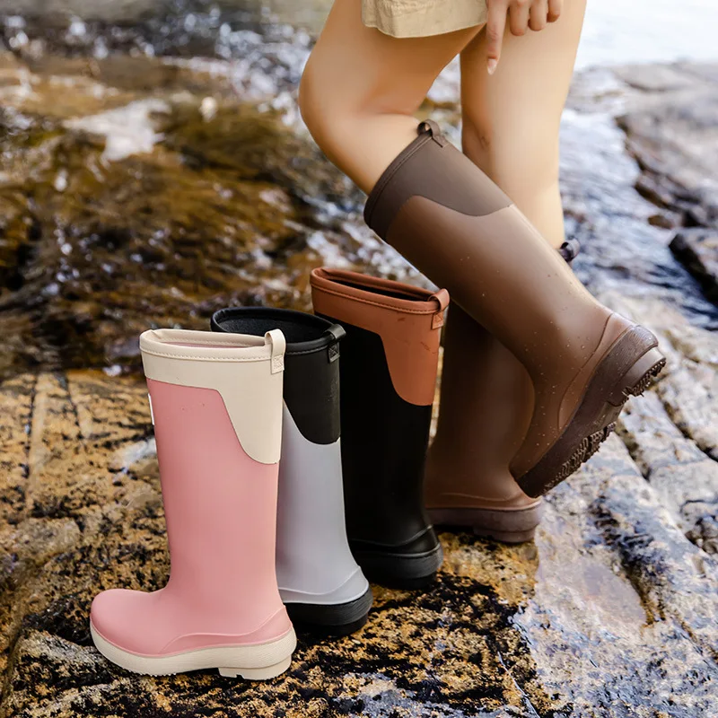 Botas de lluvia para mujer, chanclos de goma de tubo alto, zapatos