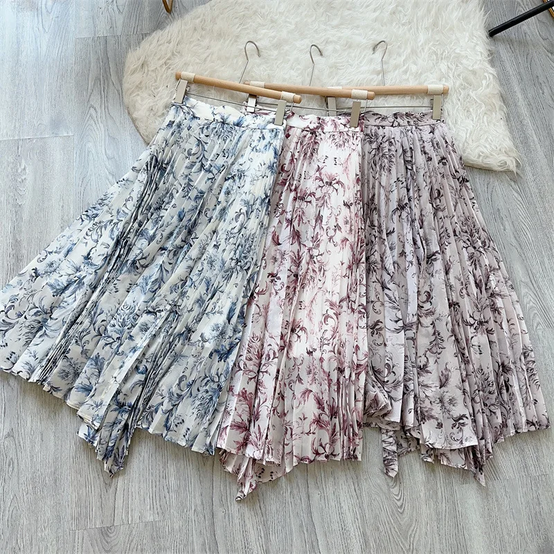 Kuzuwata Lady Pleated Irregular Chiffon Skirts 2024 Summer New Long  Commuter Printed Jupe Harajuku High Waist Temperament Faldas