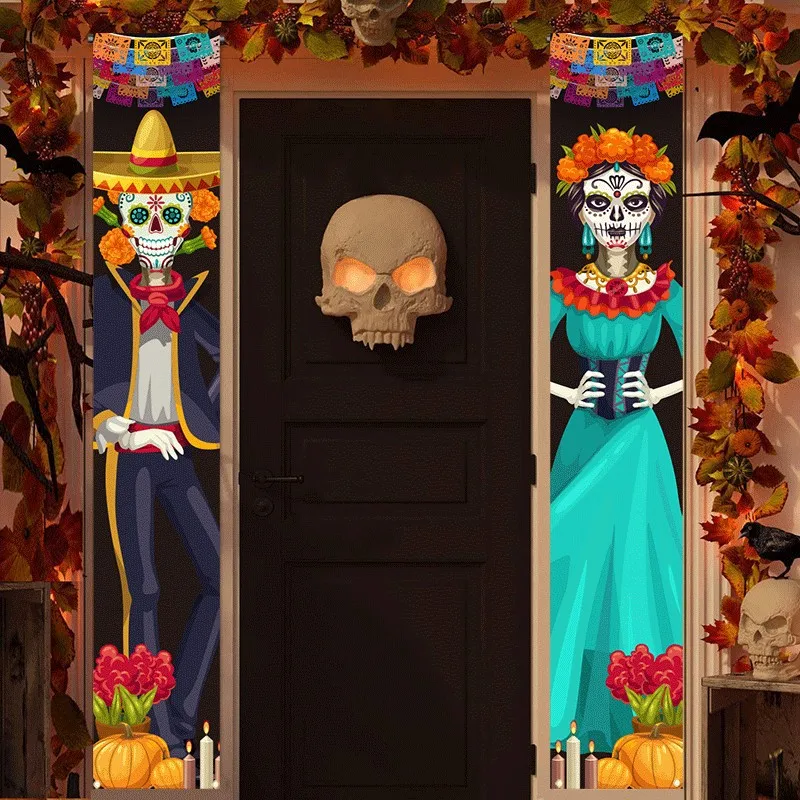 

Mexican Day Of The Dead Party Porch Sign Hanging Door Curtain Banner for Halloween Party Picado Papel Mexican Fiesta Sign Decor