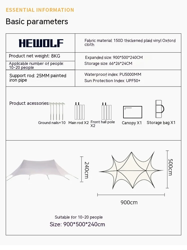 Black Ferro Sunshade Tarp with 8-Angle Cloud Top, Double Peaks for Outdoor Camping and Sun Protection