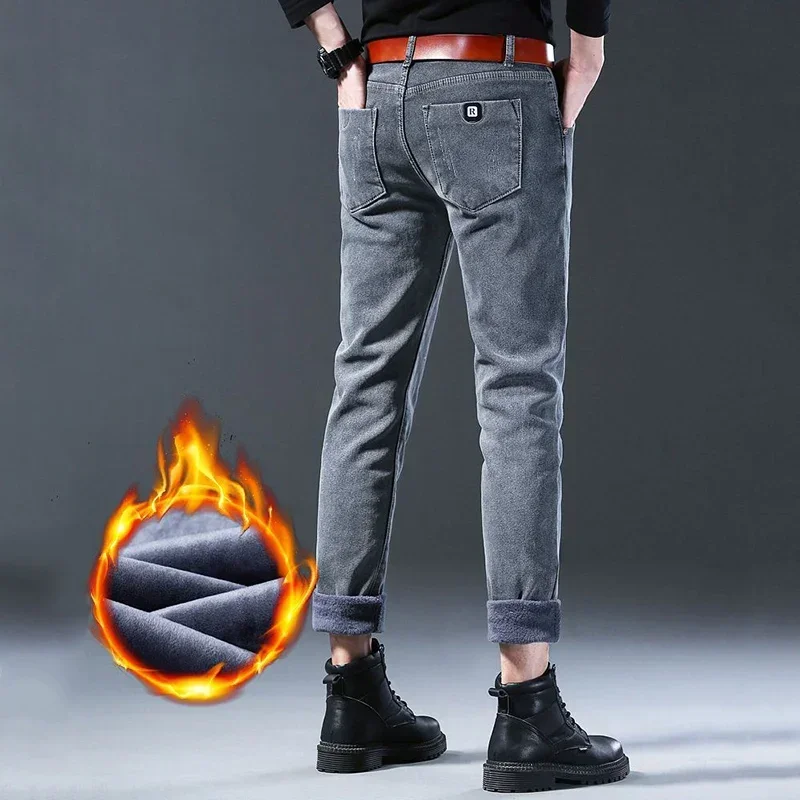 2024 Men Comfortable Winter Thermal Jeans Basic Snow Warm Plush Outside Denim Trousers Fashion Designer Skinny Casual Pants Male 4