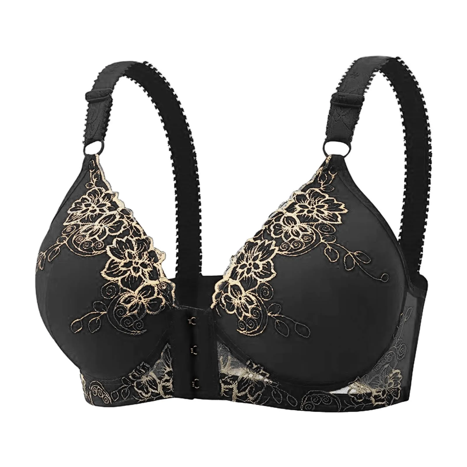 Women bra push up front side buckle lace edge bralette without steel ring seamless gathering adjustment strap