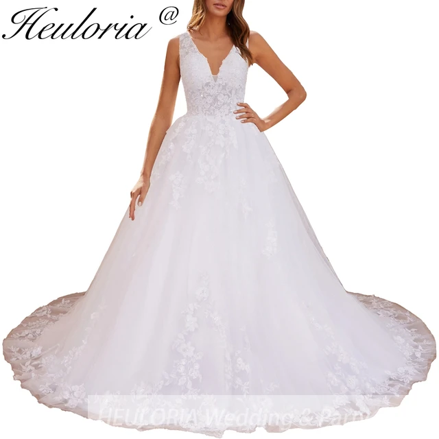 HEULORIA elegant A line wedding dress V neck lace bridal dress Robe De Mariee Wedding Bride Dress 1