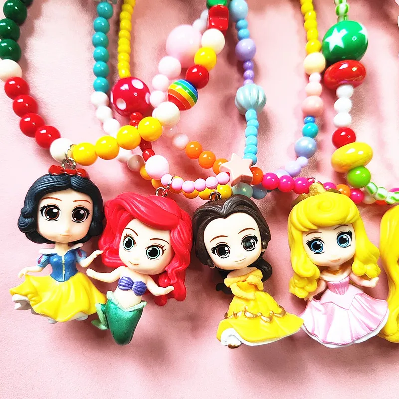 Disney Princess Mermaid Cartoon Cute Snow White Colorful Beaded Necklace Neck Chain Adult Children's Necklace Accessories