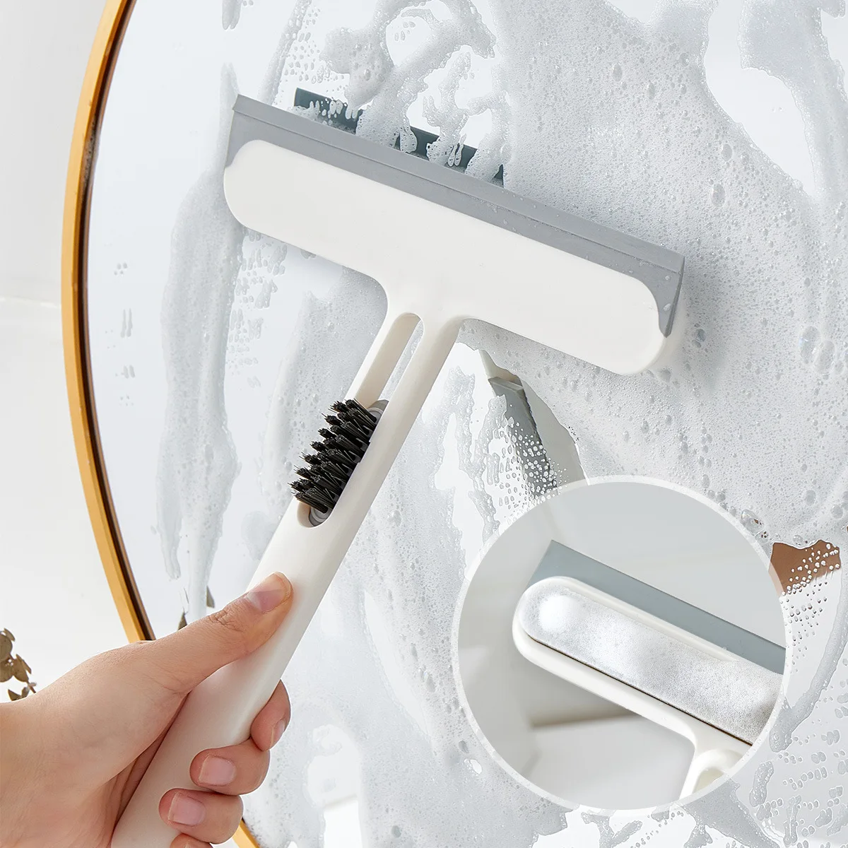 3In1 Shower Squeegee Glass Wiper Scraper Gap Hair Sponge Brush