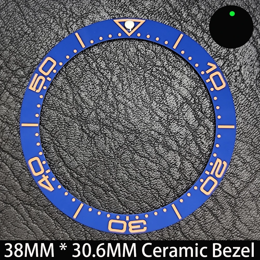 Elegant Blue Luminous Bezel GMT and Diving Watch Insert, Sloping 38mm x 30.6mm Ceramic/Aluminum