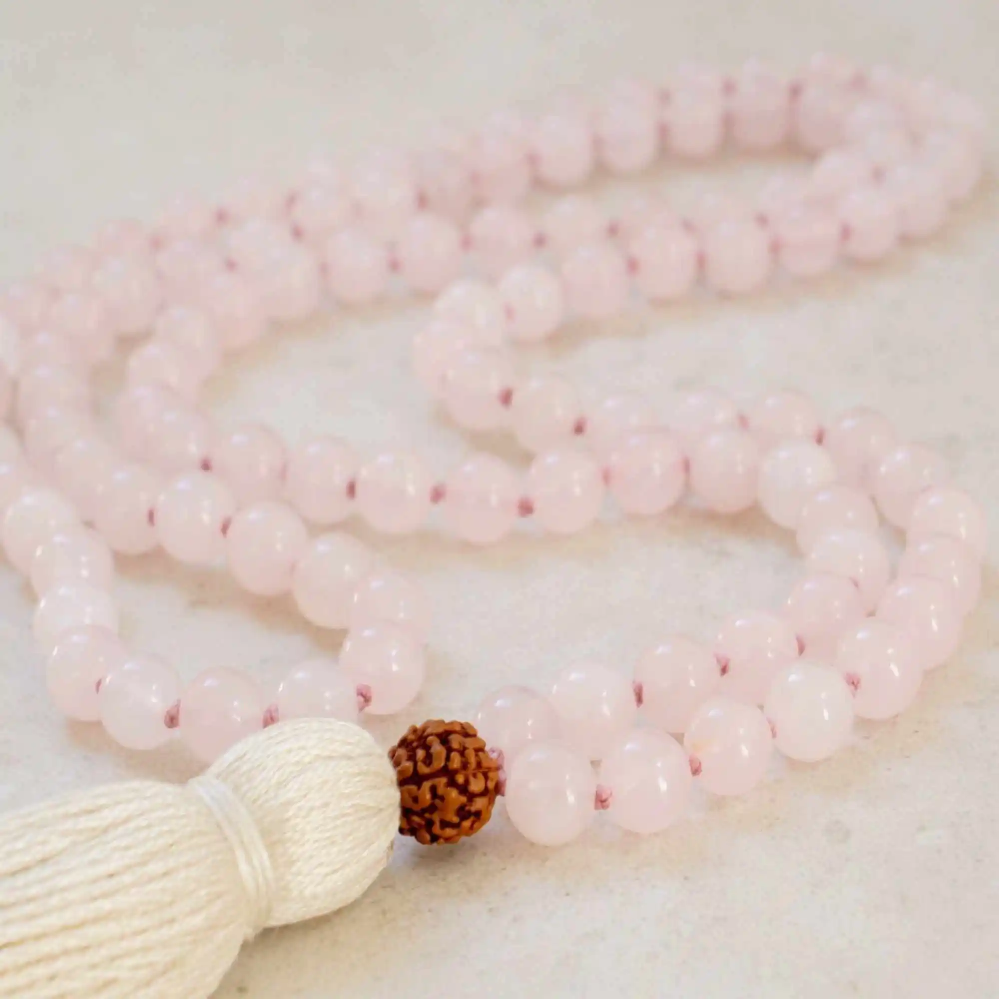 8mm Natural brown Rudraksha Rose Quartz 108 knot Meditation necklace Yoga Stress Handcrafted Energy Taseel Spirituality Bohemia