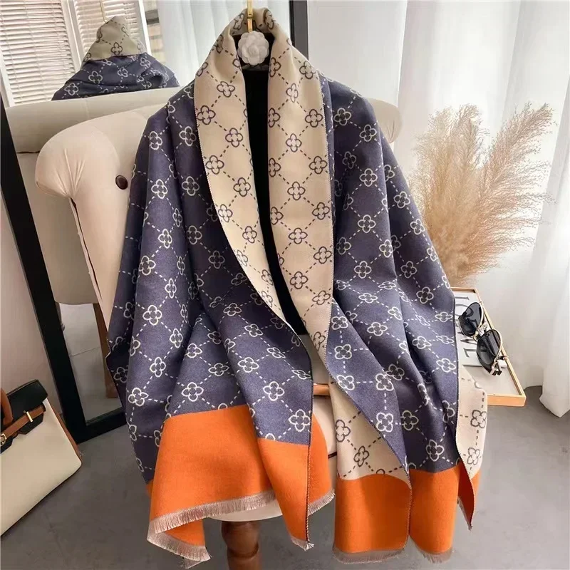 

2024 Autumn and Winter Scarves New Double Imitation Cashmere Scarf Women Thick Warm Shawl Flower Business Ladies Cold Cape Wraps