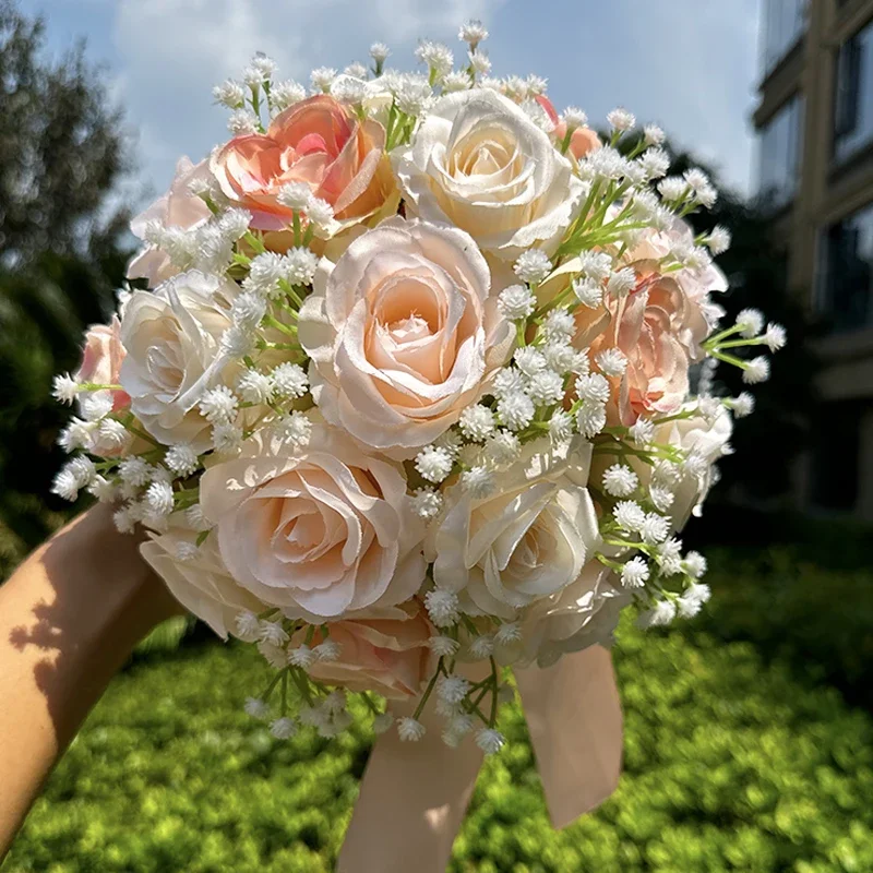 Wedding Bouquets for Bride Artificial Rose Bouquet Silk Bride Hand Holding Pearl Lace Flower Bouquet for Valentines Day Decor wedding bouquets artificial rose flowers wedding flower decoration
