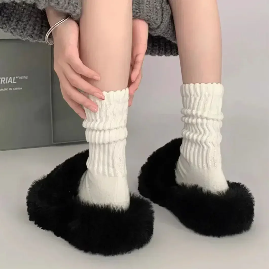 

Simple Vintage Cool Soft Sock Thick Thread Knitted Trendy Sports Leisure Versatile Pile Up Middle Tube Socks Solid Color