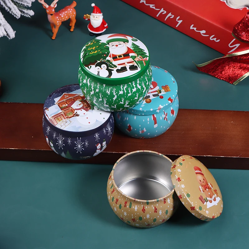 1PC Christmas Round Tinplate Candy Tin Can with Lid Empty Candle Jar Cookie Storage Container Festive Home Party Gift Case