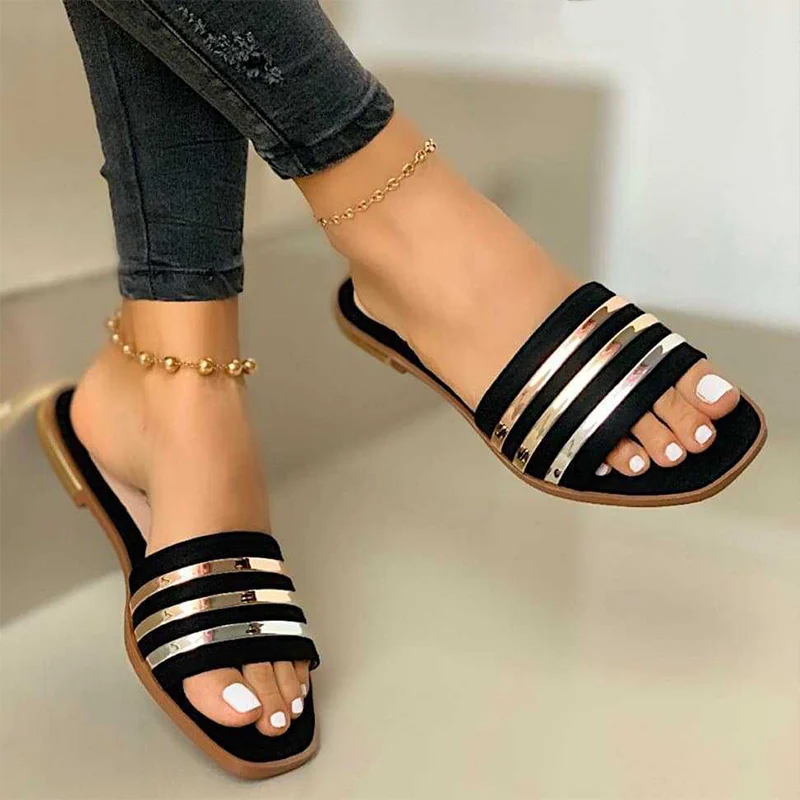 Ladies Slippers Beach Summer Shoes 2022 New Women Slip on Bling Gold Flat Slides Outdoor Shoes Female Casual Sandals Plus Size