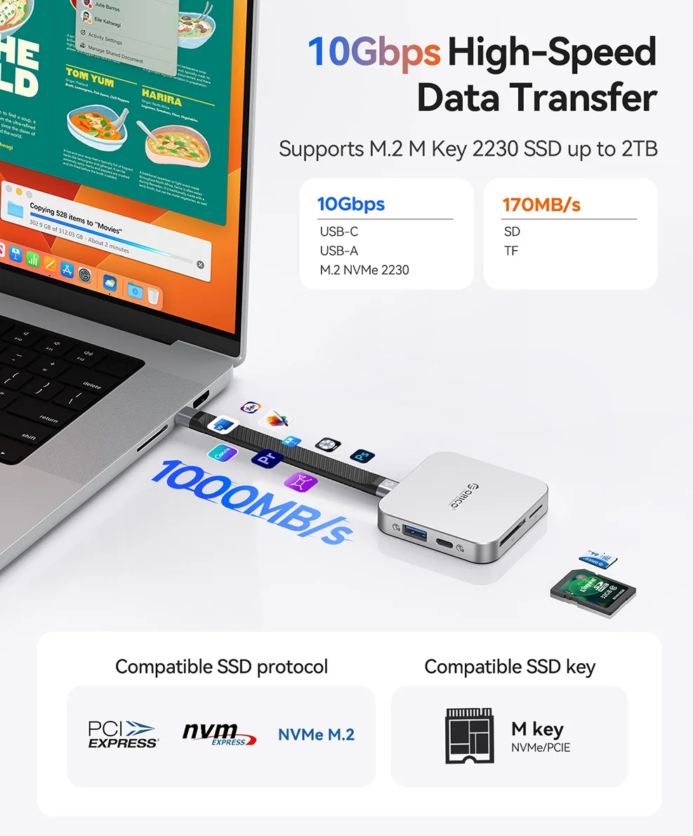 ORICO 자기식 10Gbps M.2 2230 NVMe 케이스, USB A형/타입-C 허브 도킹 스테이션, PD 100W 지원, 4K@60Hz HDMI 출력, SD/TF 3.0 슬롯 포함, iPhone 및 i