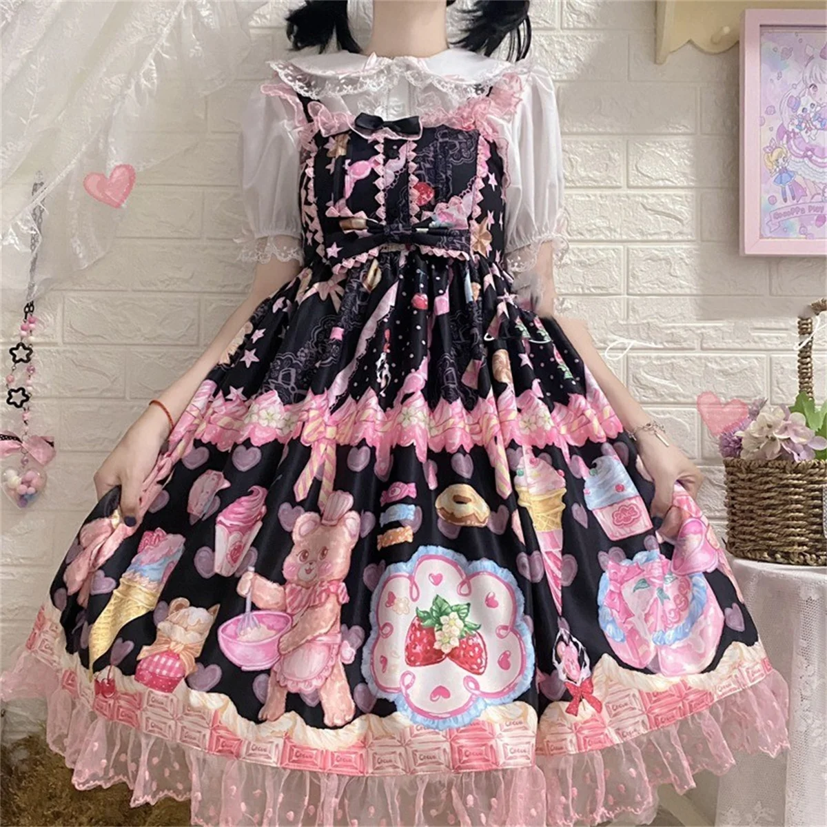 Japanese Sweet Style Kawaii Loli Lolita Jsk Girls Cosplay Cute Printing Bear Strawberries Ice Cream Dot Lace Ruffle Dress