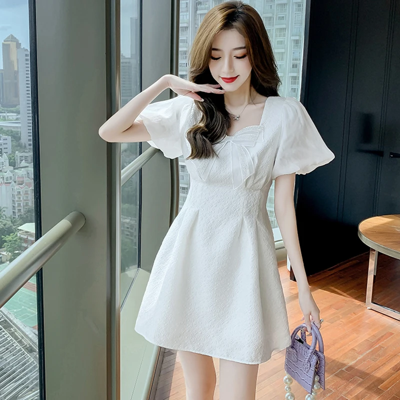 

Summer White Jacquard Chiffon Puff Mini Dress Women Fashion Elegant Square Collar Dress 2023 Korean Bodycon Casaul Party Dresses