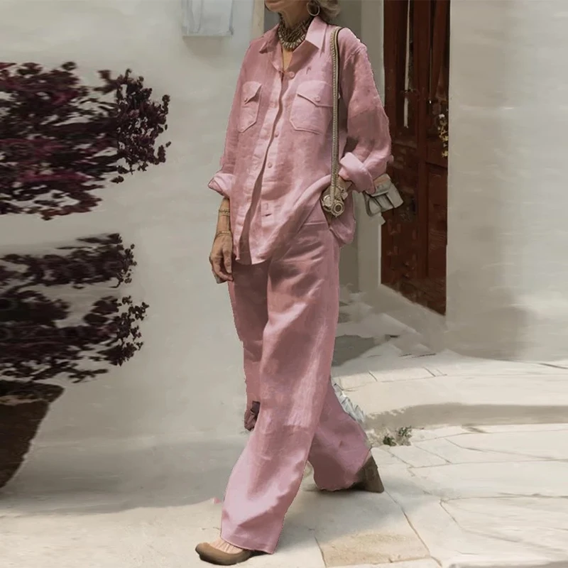 

Women Spring Single-breasted Top Blouses and Work Pants Sets 2023 Long Sleeve Loose Suits Casual Solid Color Autumn Outfits