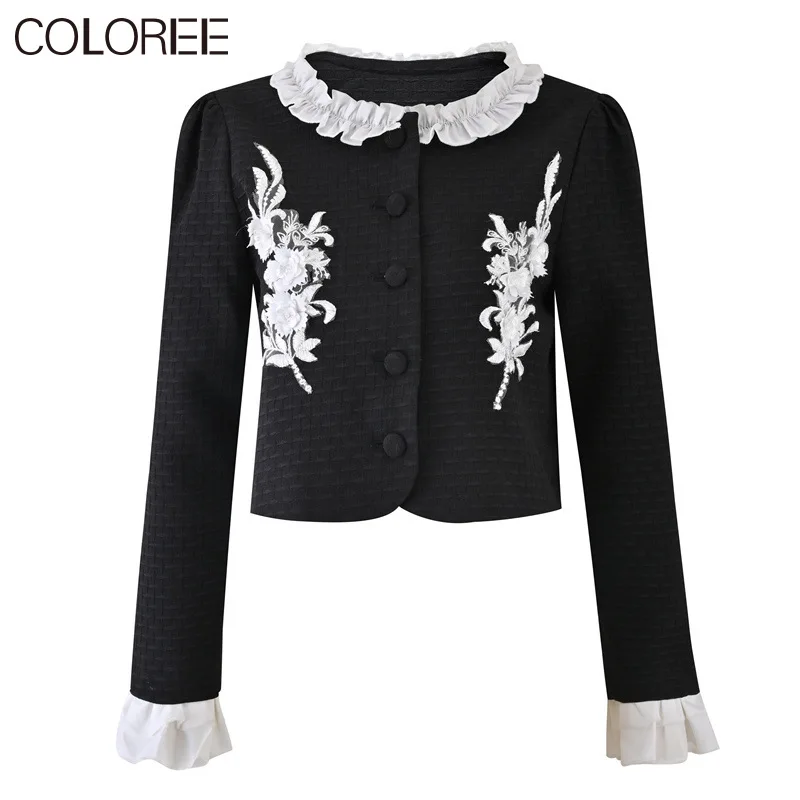 

Vintage Black Flower Embroidery Jacket for Women 2023 Luxury Designer Autumn Clothes Korean Fashion Chaquetas Para Mujeres