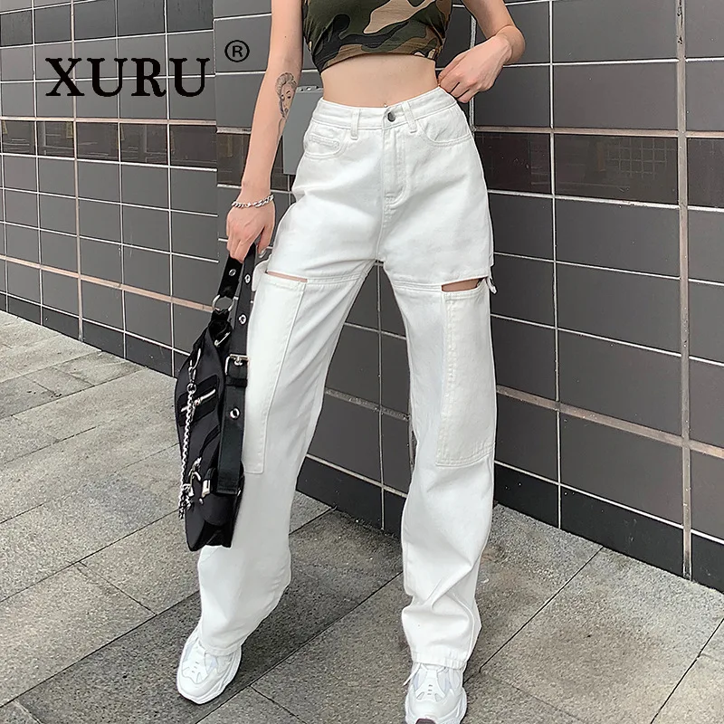 XURU - Europe and The United States New Pocket Jeans Women, Solid Color Loose Straight Hollow Pants Long Jeans N5-1004