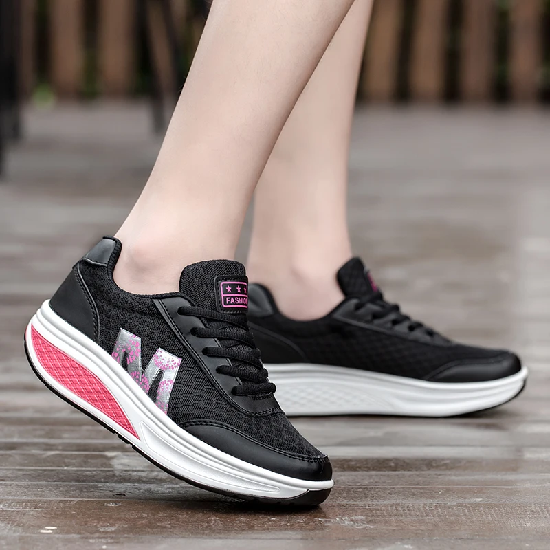 Brand Women Sports Shoes Increase Height 5 Cm Ladies Toning Shoes Wedge Sneakers Breathable Rocking Platform Shake