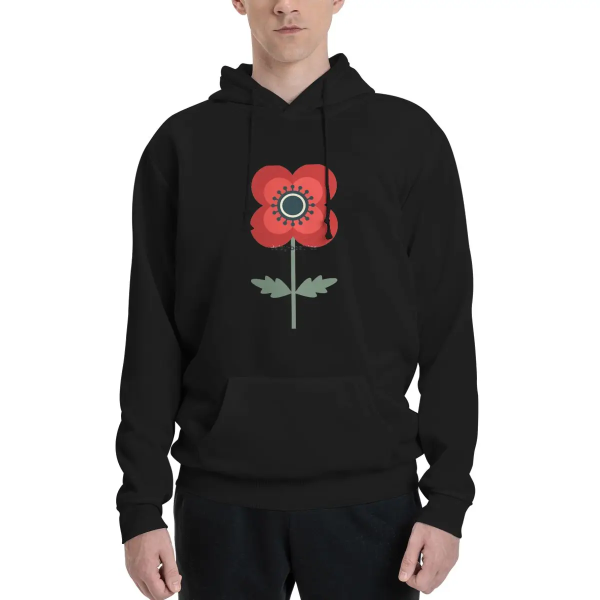 

Vintage Red Poppy On Forest Green Background Classic Polyester Hoodie Men's Women's Sweater Size XXS-3XL