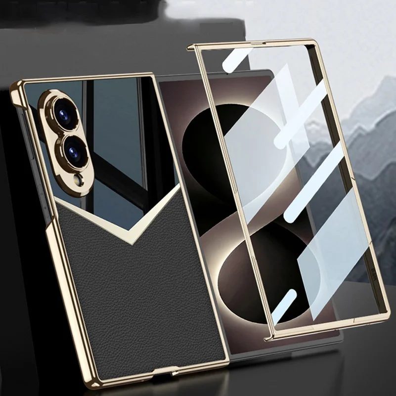 Elegant Leather Plated Frame Color Block Case with Front Glass Protective Film Cover