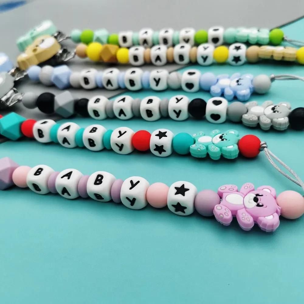 Teething Toys Silicone Letter Name Baby Bear Pacifier Clips Chains