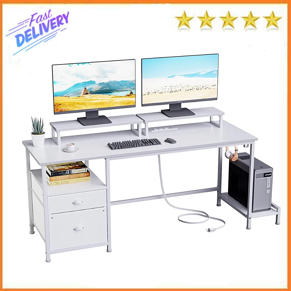 Furologee White Computer Desk with Drawer and Power Outlets, 55