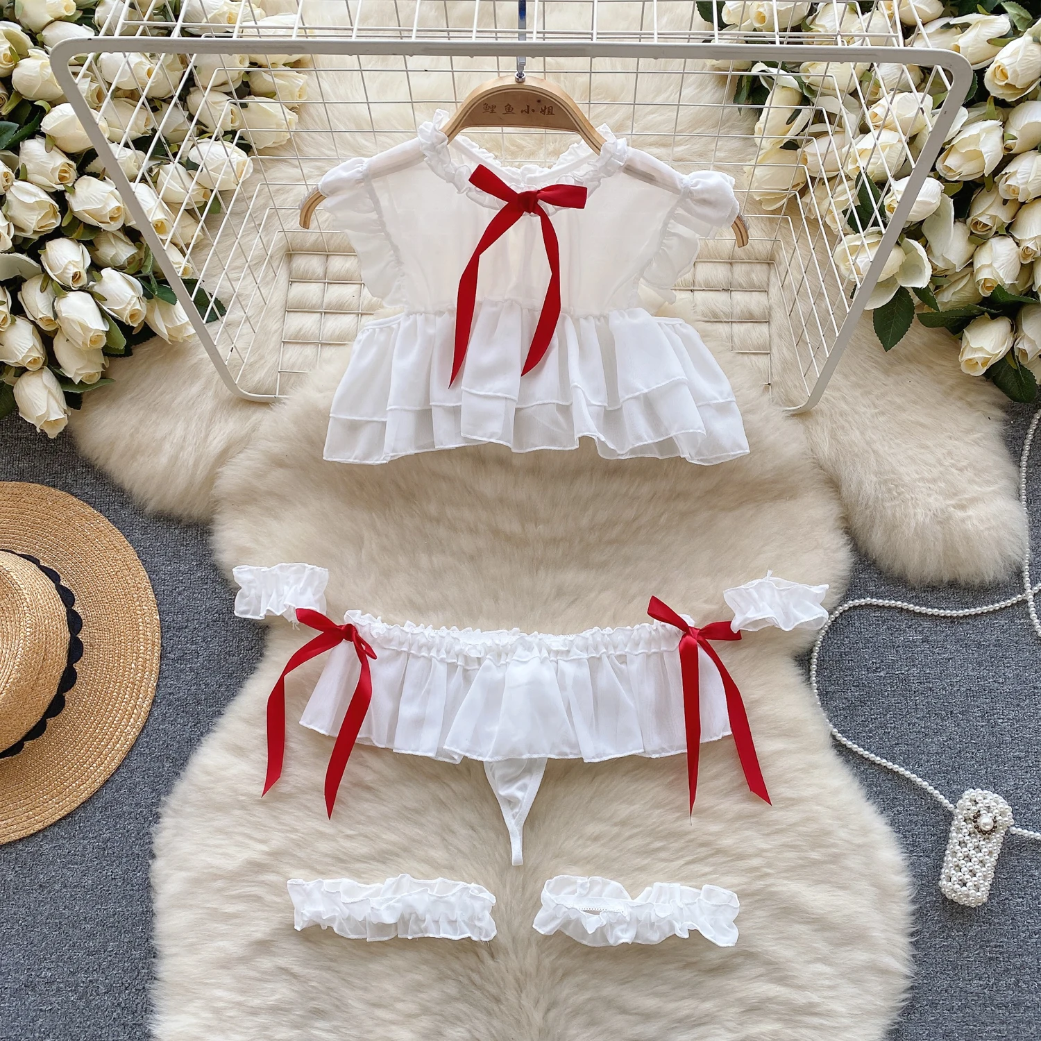 Sweet-Sexy-Pajama-Set-Transparent-Hollow-Flying-Sleeves-Ruffled-Crop