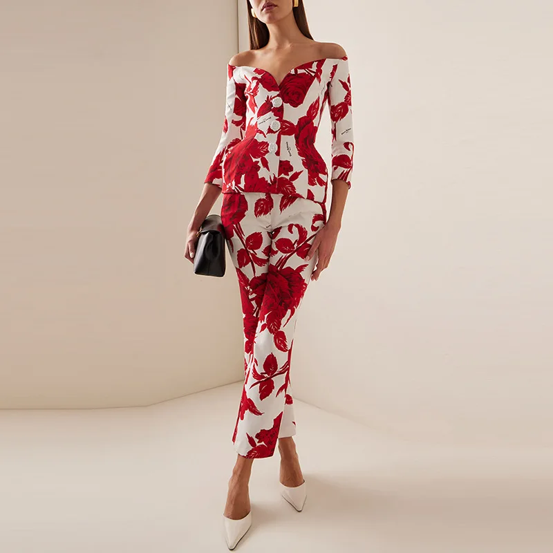 odoodem womens fashion off shoulder floral print 3/4 sleeve 3D rose top cropped straight pants outfits