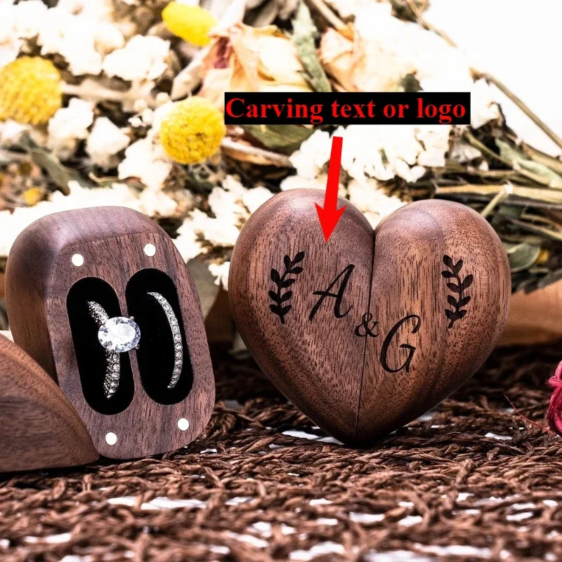 Engraved Walnut Wood Heart-Shaped Double Ring Box for Wedding/Anniversary Gifts Jewelry Organizer 3