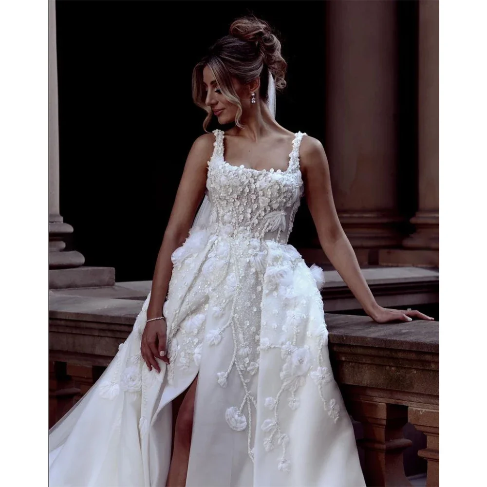 

Женское длинное свадебное платье, элегантное белое платье без рукавов со шлейфом, аппликацией и разрезом, индивидуальный пошив