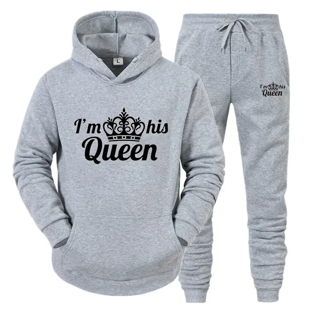 thumbnail image 1 of Chándal con estampado de QUEEN y KING para hombre y mujer, Sudadera con capucha para parejas, ropa deportiva para amantes, conjunto de 2 piezas, 1 of 5