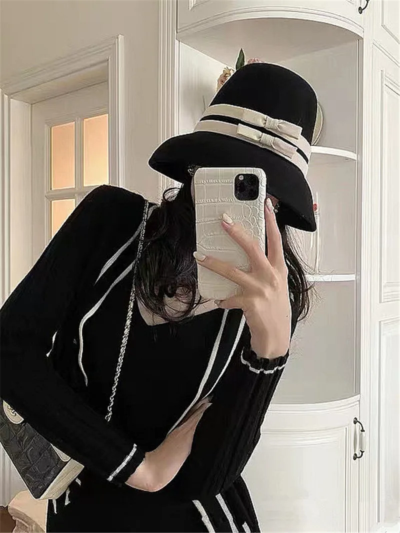 

202308-jun chic ins winter small brim bowknot Hepburn's elegant color scheme wool felt lady bucket cap women fishermen hat