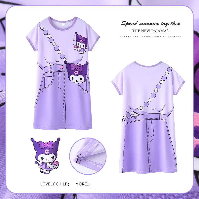 

Sanrio Kuromi Graphic Nightdress Short Sleeve Curved Hem Comfortable Casual Nightgowns Sleepwear Girl Spring Summer Clothes