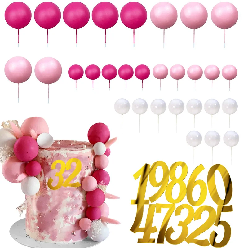 

40Pcs Hot Pink Balls Cake Toppers Number 0-9 Cake Topper Birthday Cake Decor 18th 21st 30th 40th Birthday Decorations